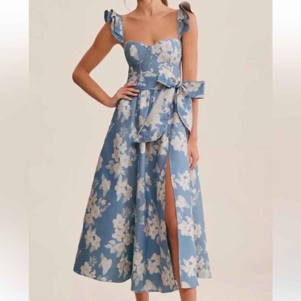 V. Chapman Blue Floral Midi Dress with White Blossoms